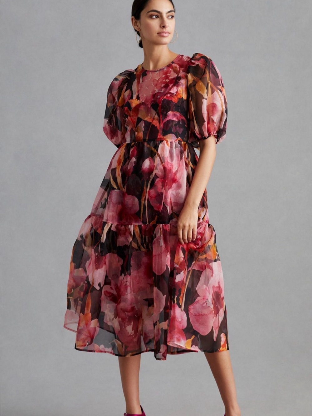 Anthropologie Floral organza Puff-Sleeve Midi Dress in Pink and Black
